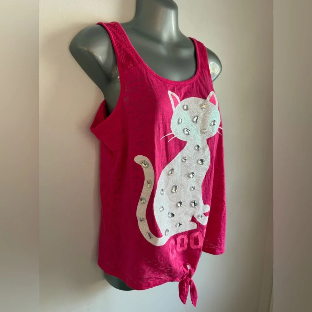 Justice Girls Hot Pink & White Cat Cool Burnout Tank Top Sparkles SKU0805